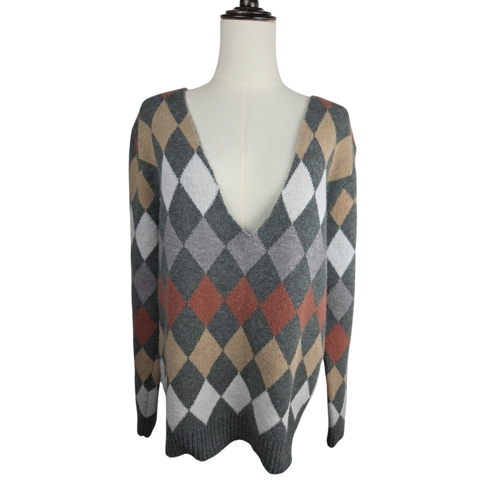 Unbranded Argyle V-Neck Sweater XL Gray Orange Tan Knit Preppy Pullover NWOT